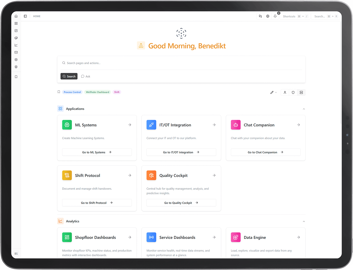 Startseite von tensoryze mit Anwendungen und Dashboards