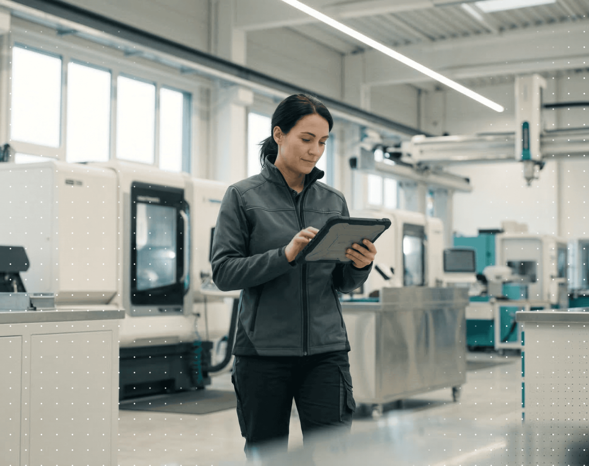 A woman inspects machines at a modern manufacturing facility at Tensoryze GmbH.