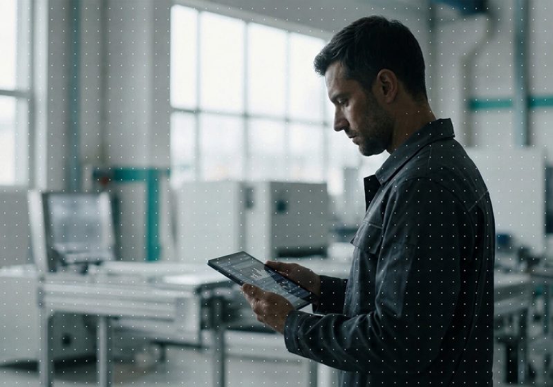 Mann nutzt Tablet in moderner Büroatmosphäre bei Tensoryze GmbH.