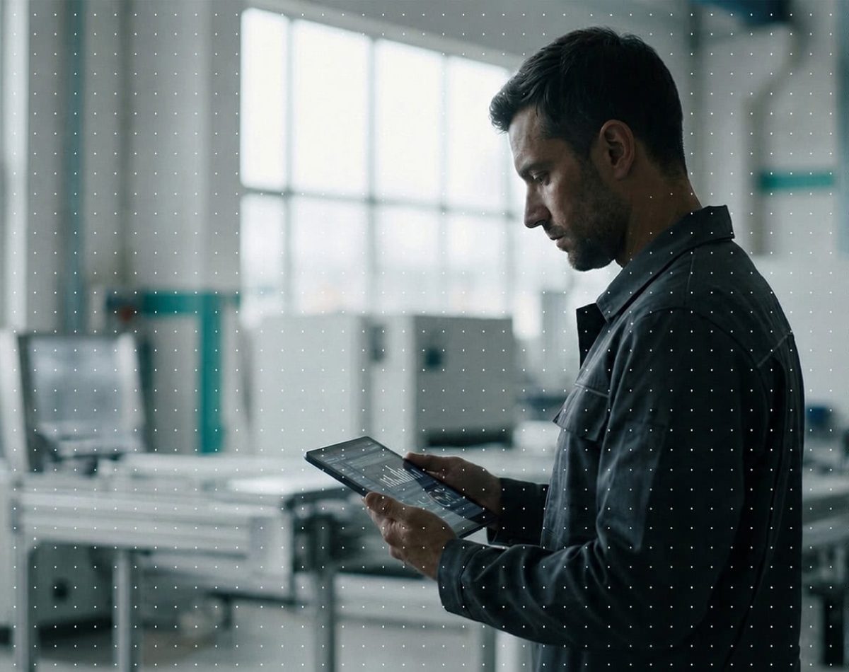 A man uses a tablet in a modern office setting at Tensoryze GmbH.