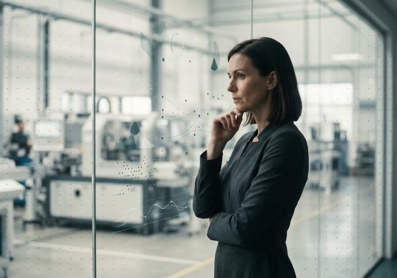 Geschäftsfrau in einem Hightech-Labor denkt nach.