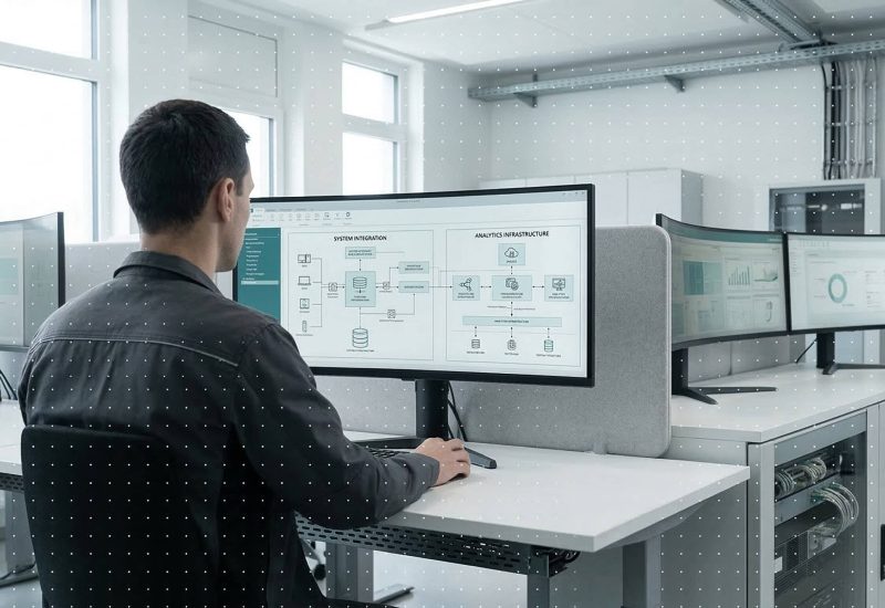 Mann arbeitet an mehreren Monitoren mit IT-Analysedaten bei Tensoryze GmbH.