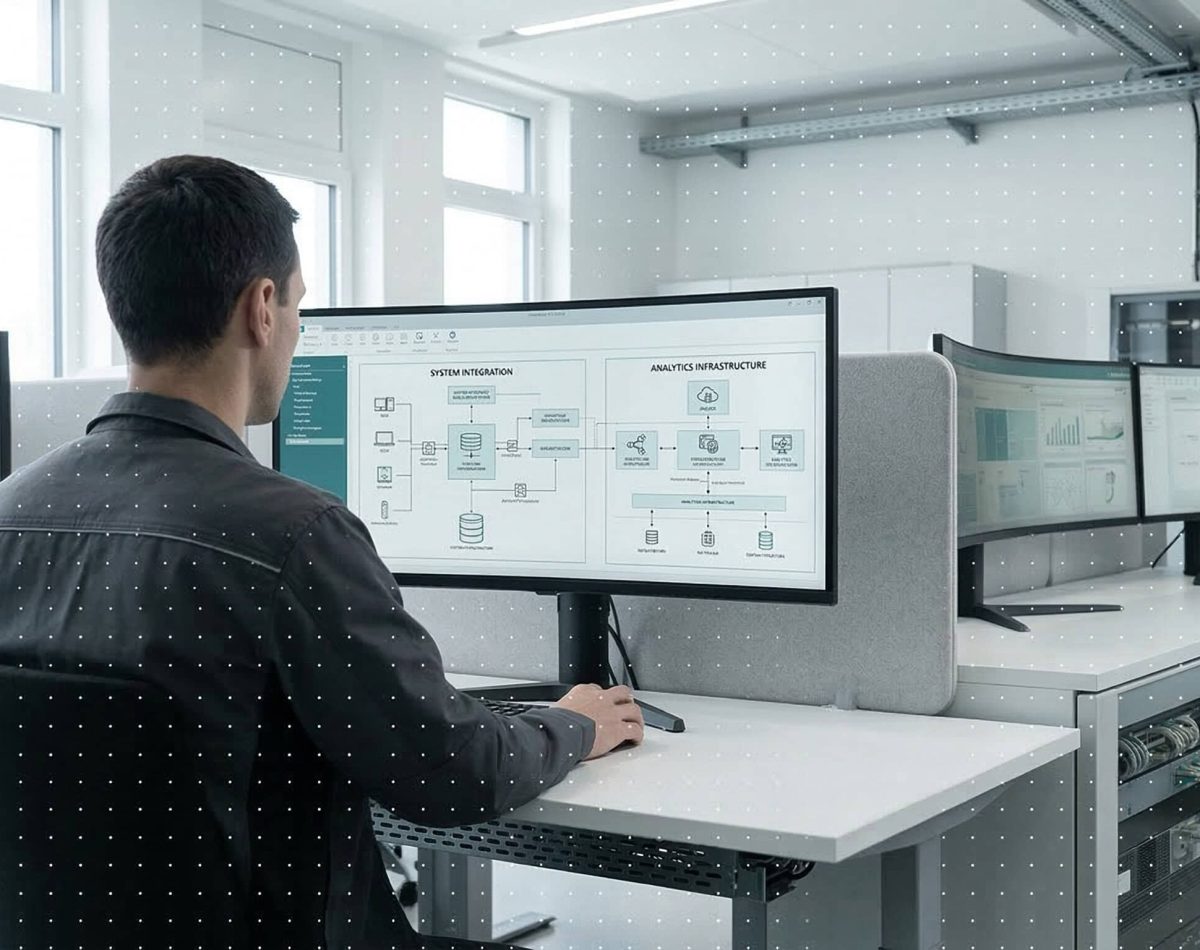 A man works with IT analysis data on multiple monitors at Tensoryze GmbH.