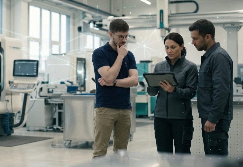 Ingenieure diskutieren in einer modernen Fertigungsanlage.
