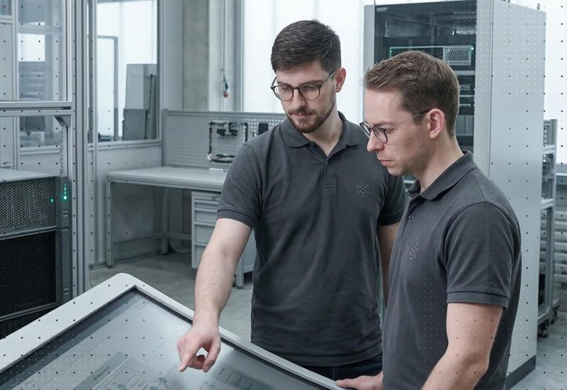 Zwei Techniker arbeiten an einem Touchscreen-Display in einem modernen Serverraum.